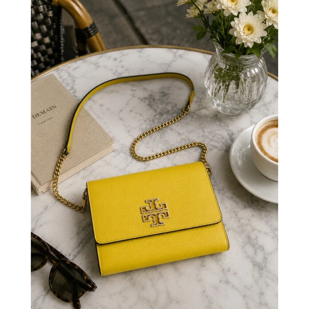 Tory Burch Britten Wallet on Chain Yellow Pebbled Leather Crossbody Bag Gold